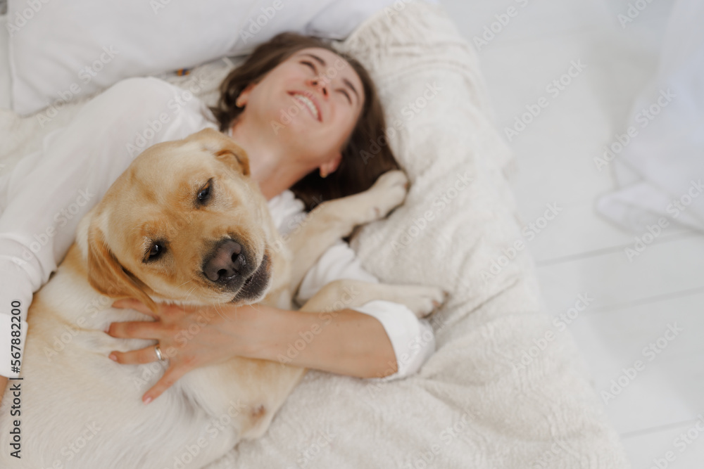 girl in white clothes with dog labrador playing at home girl in white clothes with dog labrador playing at home