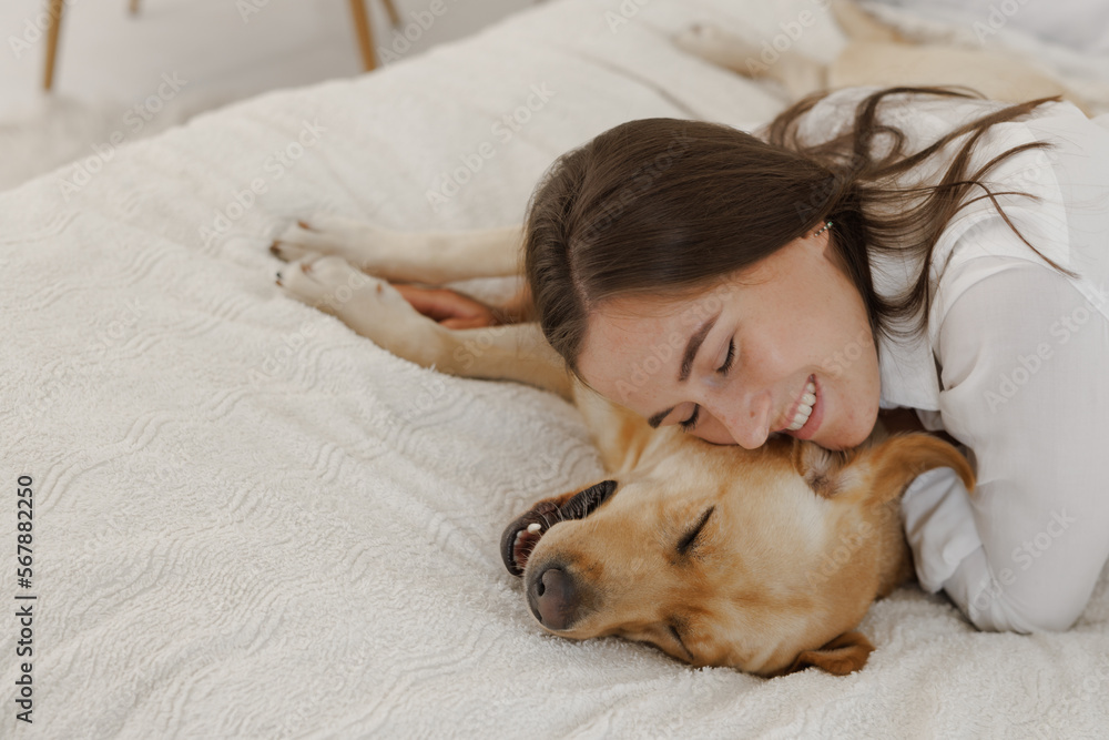 girl in white clothes with dog labrador playing at home girl in white clothes with dog labrador playing at home