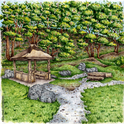 Watercolor illustration with architectural elements gazebo in the forest. Rotunda, pavilion, garden niche, park, garden house. Sketch of the forest. Rock garden. Drawn by hand.