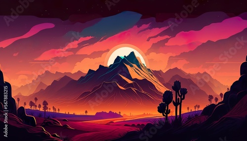 Ai-generated evening landscape illustration with sunset and stars