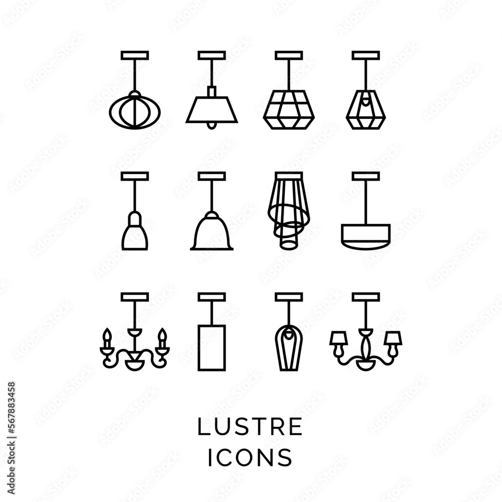 Set of isolated outline icons of different ceiling chandeliers and lighting fixtures on a white background. Set of isolated outline icons of different ceiling chandeliers and lighting fixtures on a white background.