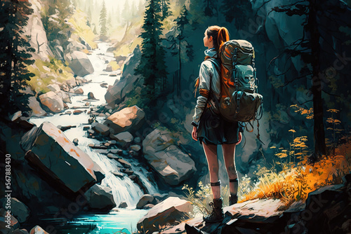 Hiking in Nature Painting, Woman looking out at the view, Travel, Journey, Backpacking, Mountains, River, Adventure, Scenic, Digital Art, Illustration, Print, Web, Poster