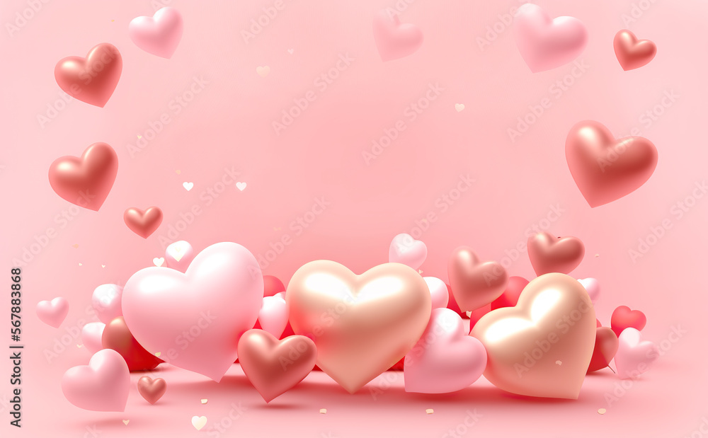 Valentines Day background. Happy valentine's day, pink gold hearts blur effect design, Celebration card. digital ai art	
