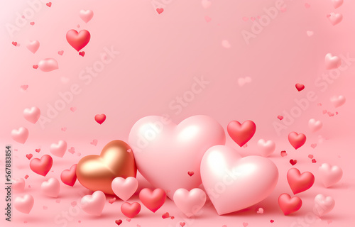 Valentines Day background. Happy valentine's day, pink gold hearts blur effect design, Celebration card. digital ai art 