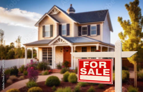 Home For Sale Real Estate Sign In Front of House - Generative AI.