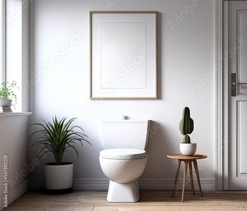 Interior of a contemporary home s living room with a toilet. Create a mock up frame for two posters to be painted on a wall. vacant chair Template. Generative AI