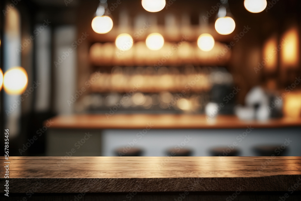 Wood table top on a background of a cafe store with a blurred counter and light bulbs. for montage product presentation or essential visual layout design. Generative AI