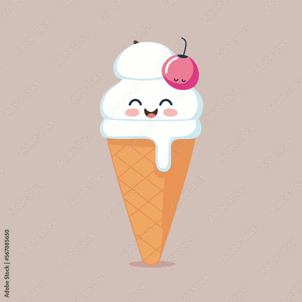 Cute illustration of smiling cone of ice cream.

