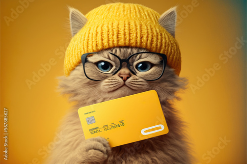 Cat with card. cat showing a blank credit card on yellow background. Created with Generative AI technology.