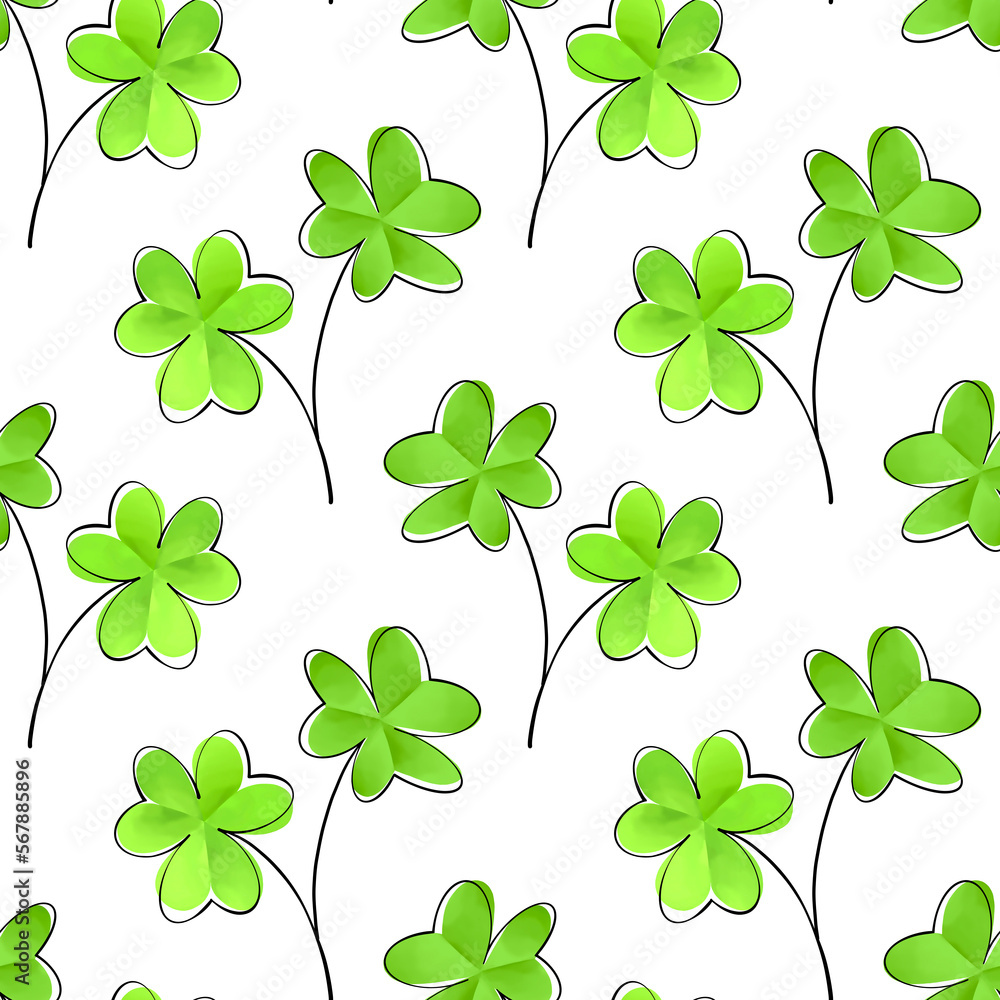 Shamrock leaves seamless pattern. Three leaves clover. St.Patrick's symbol. Ireland Holiday. Spring background. Digital illustration. Shamrock leaves seamless pattern. Three leaves clover. St.Patrick's symbol. Ireland Holiday. Spring background. Digital illustration.