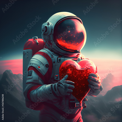Astronaut in Space holding a red heart on valentines day 