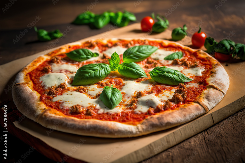 Pizza Margherita: A classic pizza with a simple topping of tomato sauce, mozzarella cheese, and fresh basil.