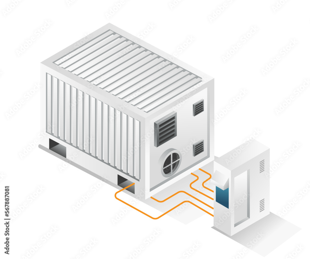 Flat isometric concept 3d illustration solar panel energy storage battery box Flat isometric concept 3d illustration solar panel energy storage battery box