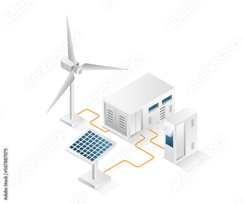 Flat isometric concept 3d illustration of solar panel electric energy storage battery channel