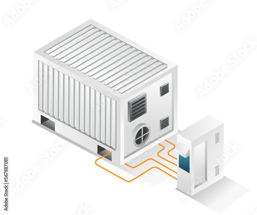 Flat isometric concept 3d illustration solar panel energy storage battery box