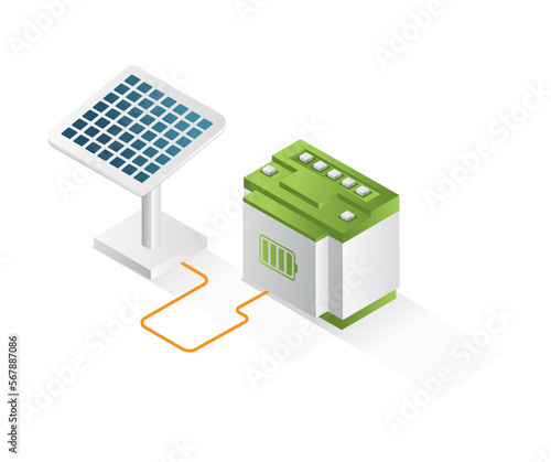Flat isometric concept 3d illustration of solar panel electric energy storage battery channel
