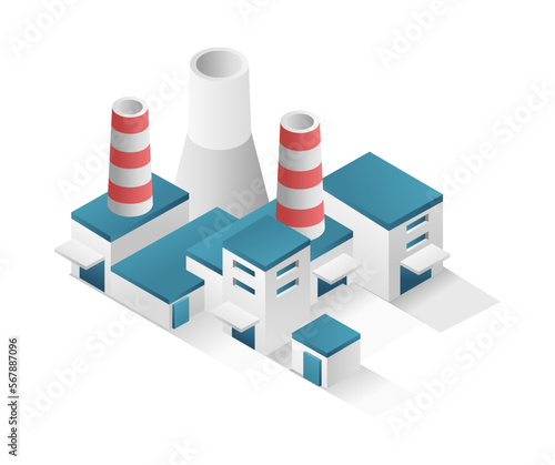 Flat isometric concept 3d illustration of factory industrial building with chimney