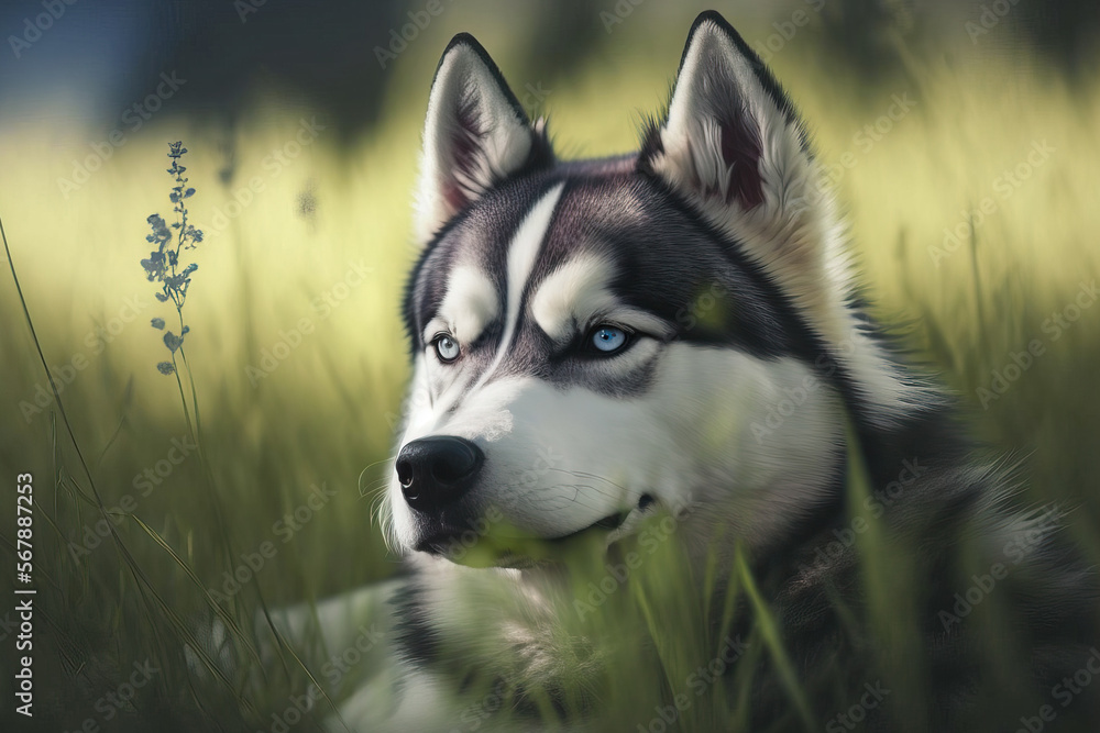 In the summer, a husky dog is lying on some grass. Generative AI