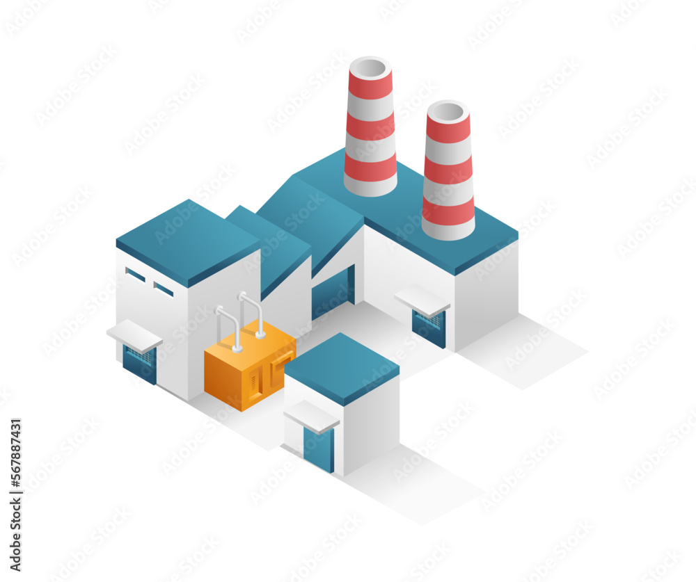 Fototapeta premium Flat isometric concept 3d illustration factory industrial minimalist building with chimney 1