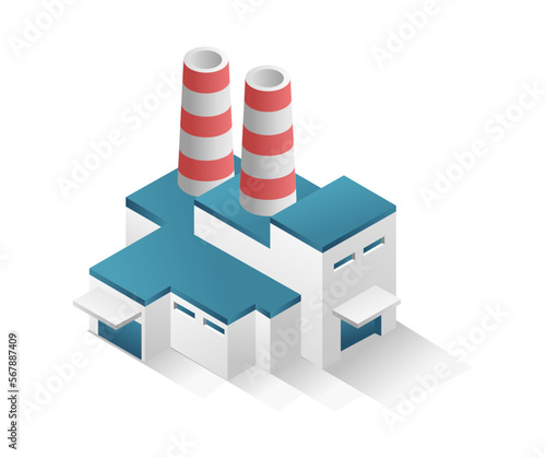 Flat isometric concept 3d illustration minimalistic building industrial warehouse and factory