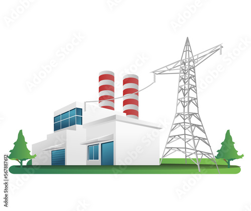 Flat isometric 3d illustration concept of minimalist industrial factory building with electricity poles