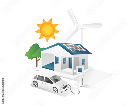 Flat isometric 3d illustration concept of portable charging electric car at home