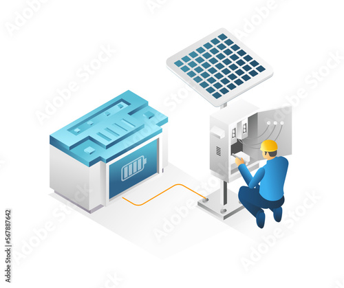 Flat isometric 3d illustration concept of technician repairing solar panel battery drain