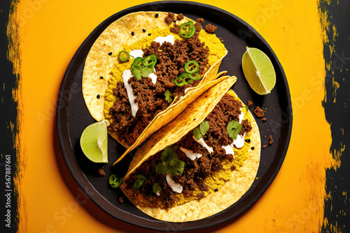 beef and pork street tacos in a yellow tortilla from Mexico. Generative AI photo