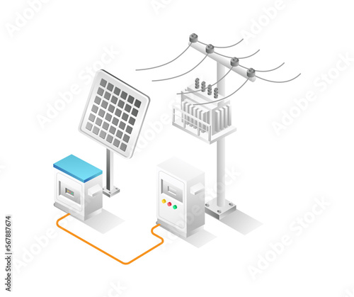 Flat isometric 3d illustration concept of solar energy storage channel
