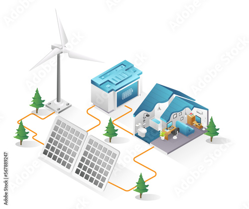 Flat isometric 3d illustration concept of house with solar panel energy