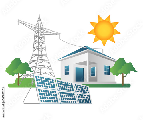 Flat isometric 3d illustration concept of house electricity pole line with solar panel energy