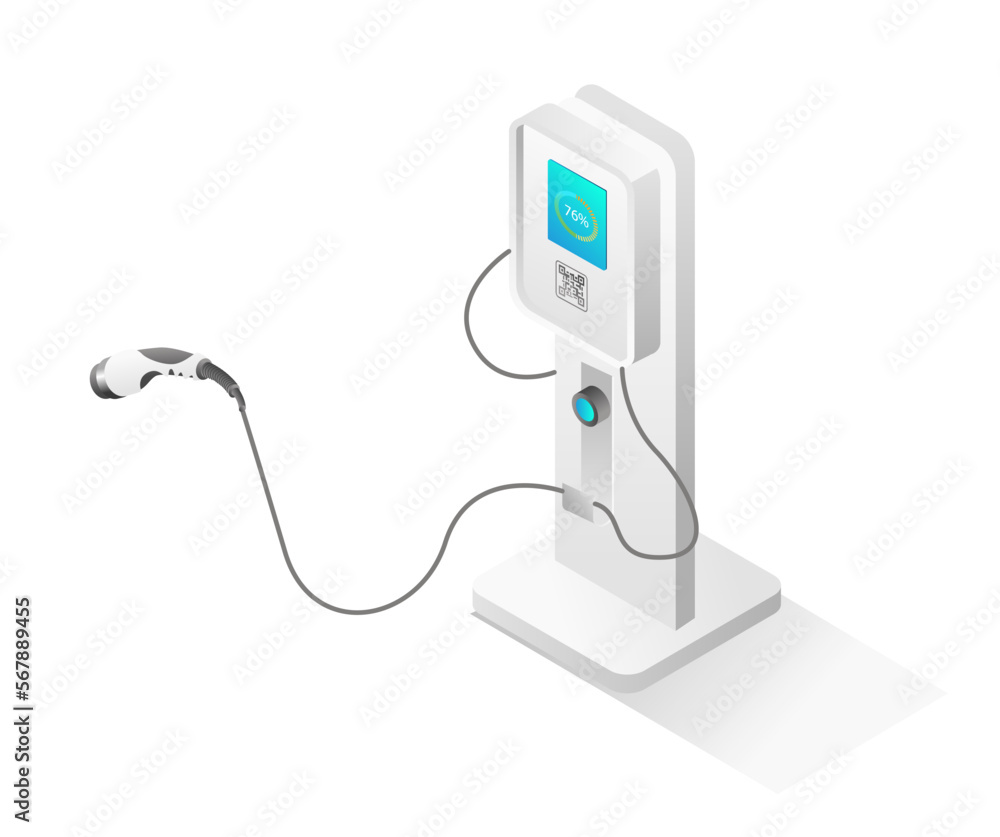 Obraz premium Flat isometric 3d illustration concept of electric car charging machine from solar panel energy