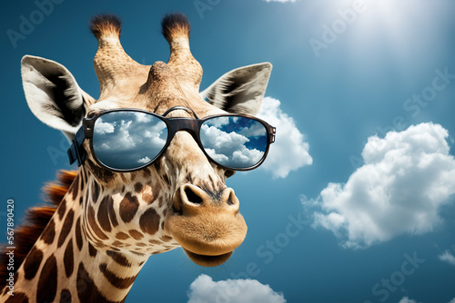 funny portrait of giraffe with cool sunglasses, blue sky with white clouds background, and reflection, generative ai