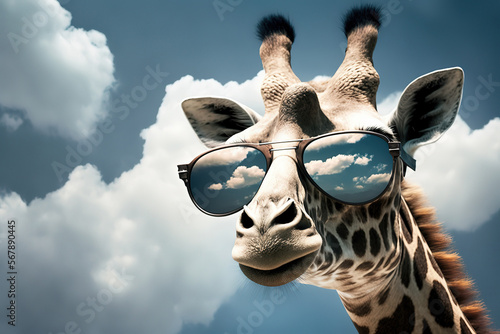 funny portrait of giraffe with cool sunglasses , blue sky with white clouds background, and reflection, generative ai