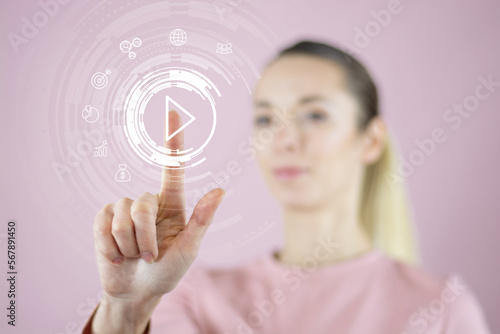 Wallpaper Mural Fit girl Digital hologram Touch virtual button Digital technology AI Social Networks Close up Banner Space for text on the left Torontodigital.ca