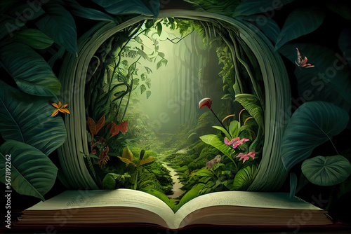 Slika na platnu Generative AI:  A tropical forest jungle appearing in a opening book