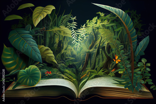 Generative AI:  A tropical forest jungle appearing in a opening book