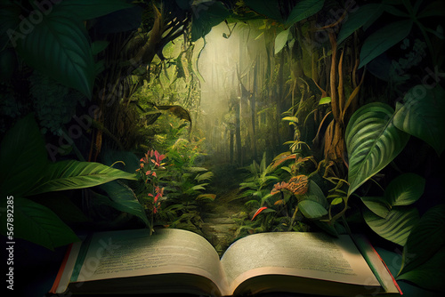 Generative AI:  A tropical forest jungle appearing in a opening book