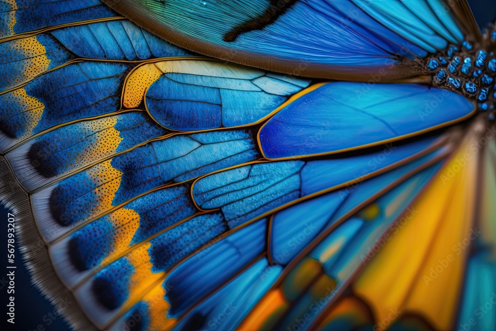 Blue and Gold Butterfly Wing closeup butterfly wing blue gold yellow