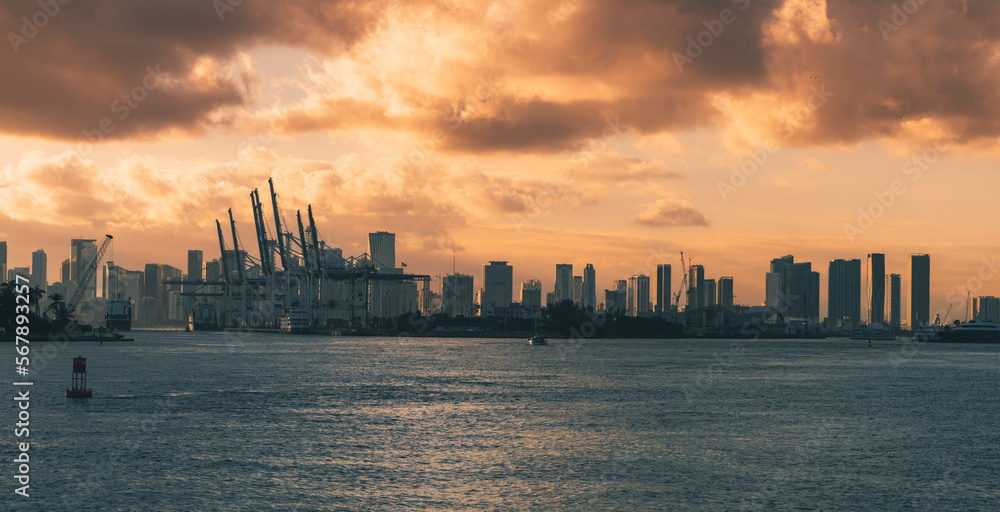 sunset over the city miami Florida beautiful skyline port 