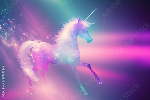 Abstract background with pastel purple  pink  and teal colors with a holographic rainbow unicorn. flare beams from optical crystal prisms. bursts of light. Christmas themed. Generative AI