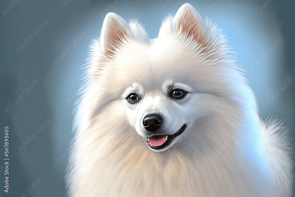 Obraz premium Drawing of a white Spitz dog, a gorgeous dog breed, a pet, with white wool. Generative AI