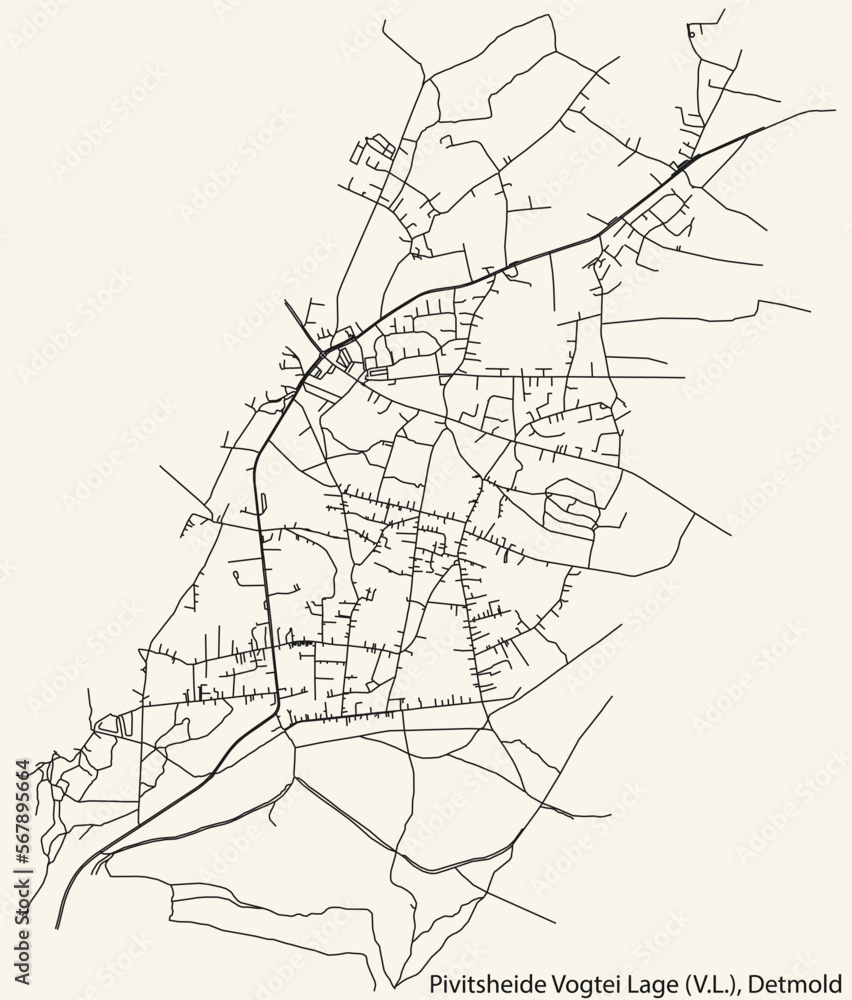 Detailed navigation black lines urban street roads map of the PIVITSHEIDE V. L.  DISTRICT of the German town of DETMOLD, Germany on vintage beige background
