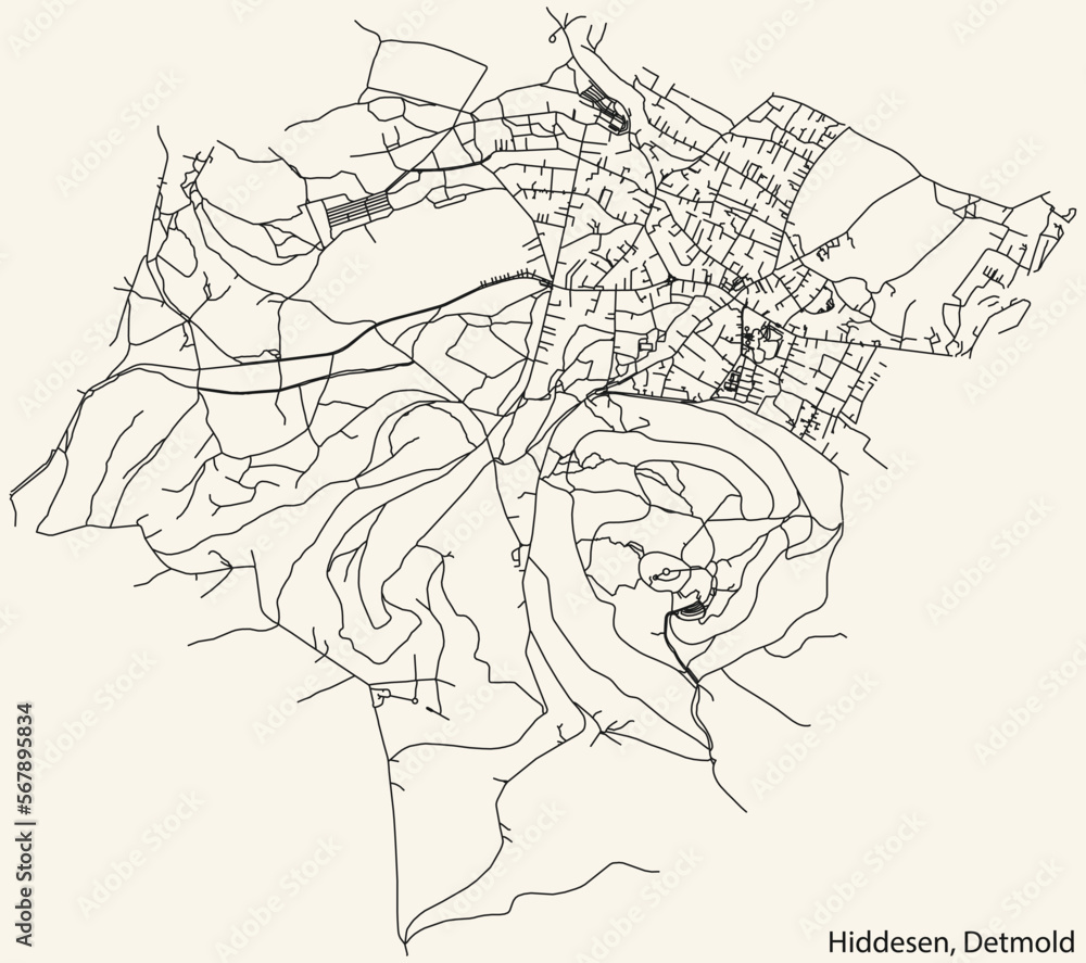 Detailed navigation black lines urban street roads map of the HIDDESEN DISTRICT of the German town of DETMOLD, Germany on vintage beige background