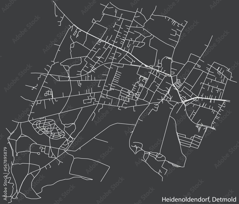 Detailed negative navigation white lines urban street roads map of the HEIDENOLDENDORF DISTRICT of the German town of DETMOLD, Germany on dark gray background