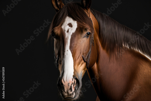 On a dark background, a studio taken frontal portrait of a brown horse with a white patch on its face was created. Generative AI