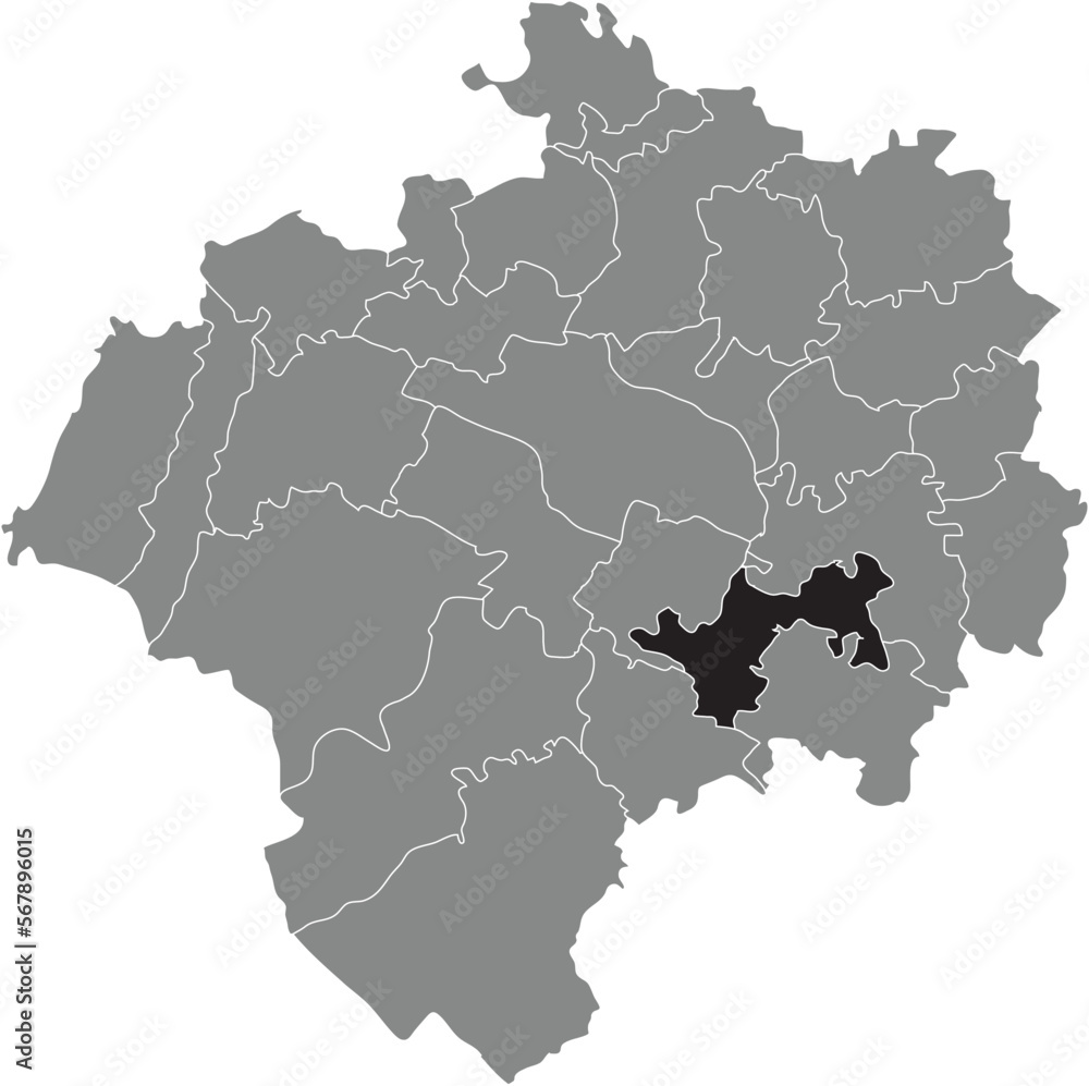 Black flat blank highlighted location map of the REMMIGHAUSEN DISTRICT inside gray administrative map of DETMOLD, Germany