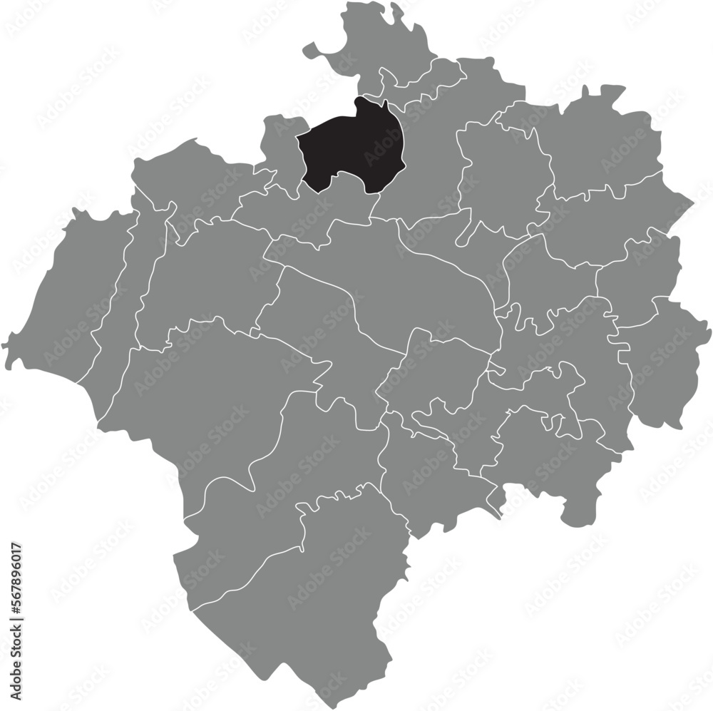 Obraz premium Black flat blank highlighted location map of the OETTERN-BREMKE DISTRICT inside gray administrative map of DETMOLD, Germany
