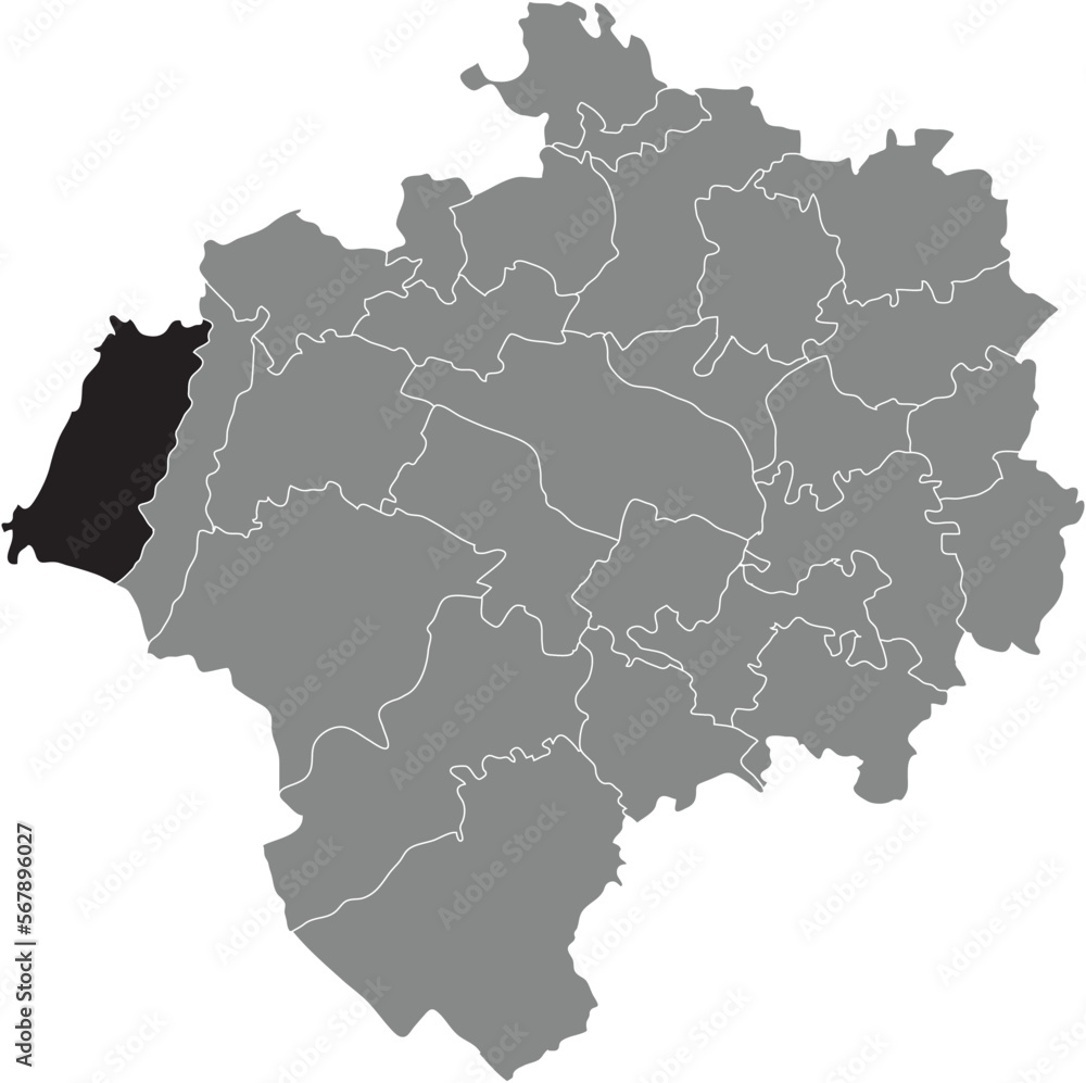 Black flat blank highlighted location map of the PIVITSHEIDE V. L. DISTRICT inside gray administrative map of DETMOLD, Germany