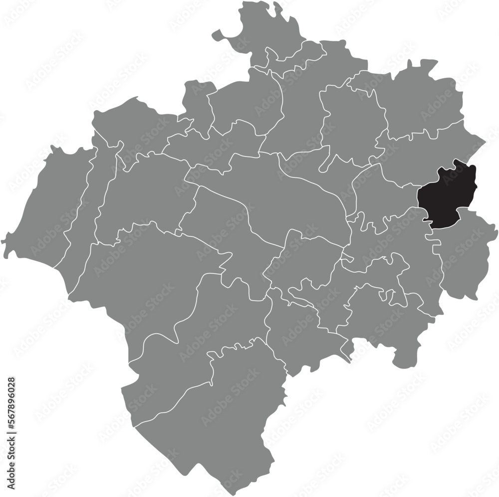 Black flat blank highlighted location map of the NIEDERSCHÖNHAGEN  DISTRICT inside gray administrative map of DETMOLD, Germany